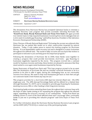 Hurricane Harvey Business Recovery Loans News Release - photo