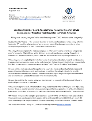 Loudoun Chamber Board Adopts Policy Requiring Proof of COVID Vaccination or Negative Test Result for In-Person Activities - photo