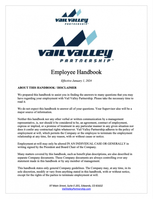 Employee Handbook - Vail Valley Partnership - photo